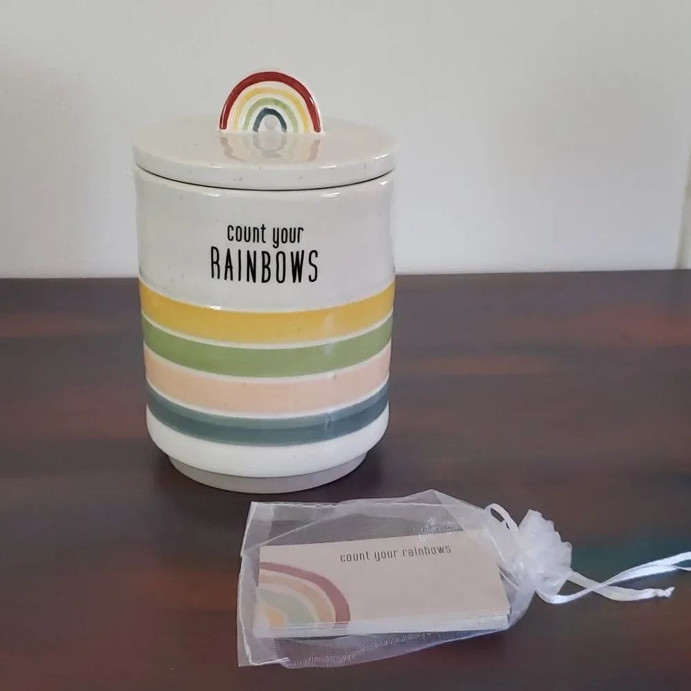 NWT "Count Your Rainbows" Ceramic Blessings Canister / Jar with Cards